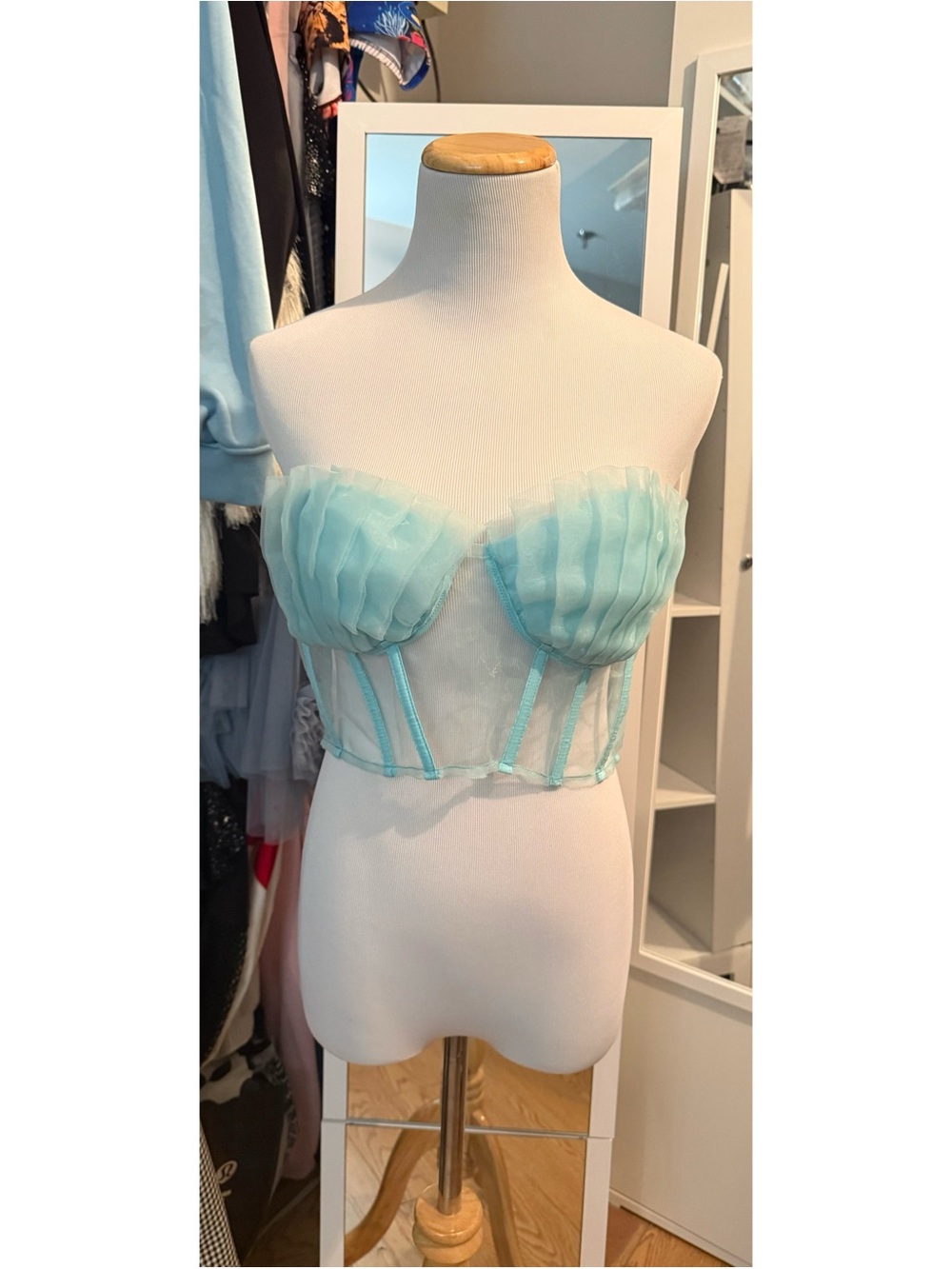 Blue Blush Sheer Mesh Boned Bustier Shell Pleat Corset Top NWT Size Small Medium